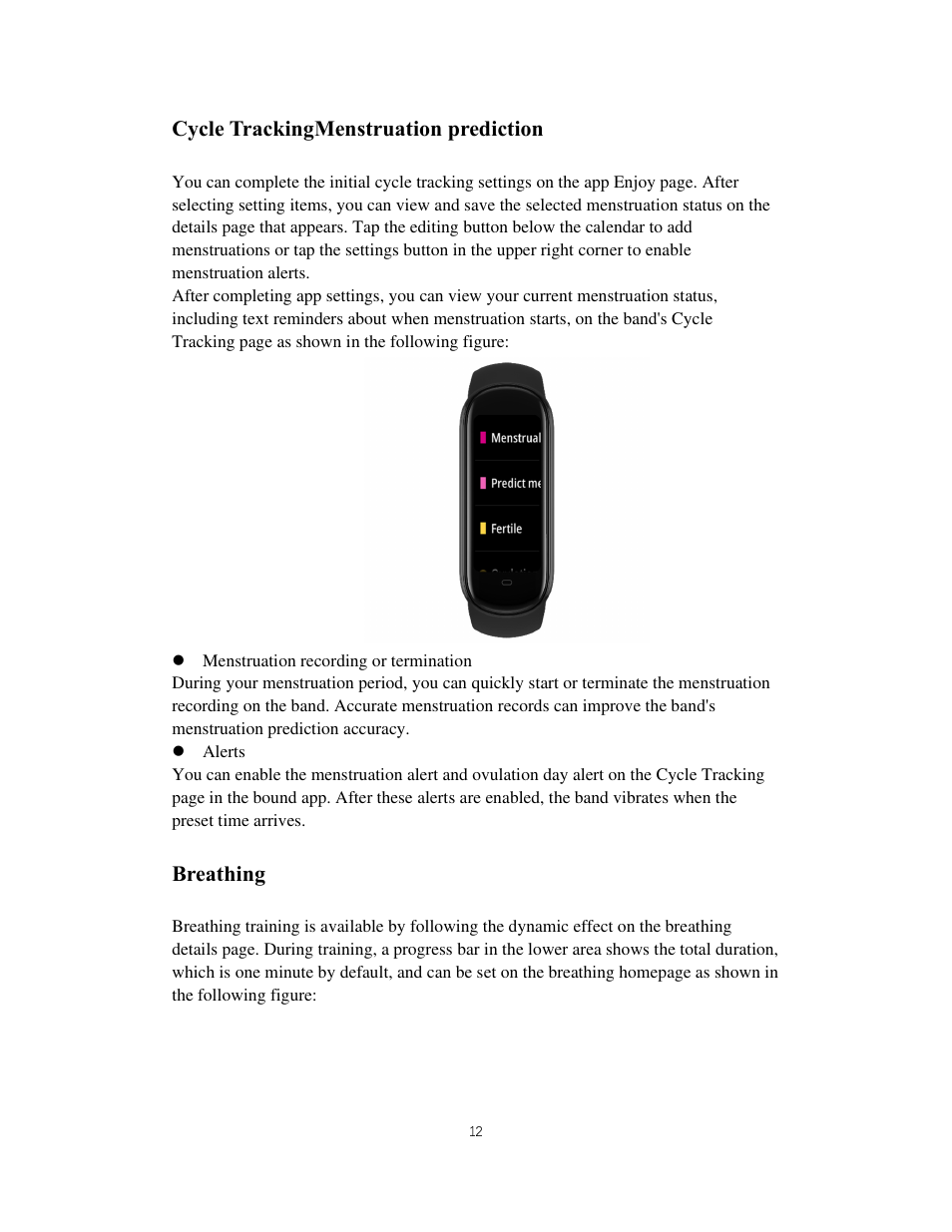 Cycle trackingmenstruation prediction, Breathing | Amazfit Band 5 Health & Fitness Tracker with Alexa (Olive) User Manual | Page 12 / 25