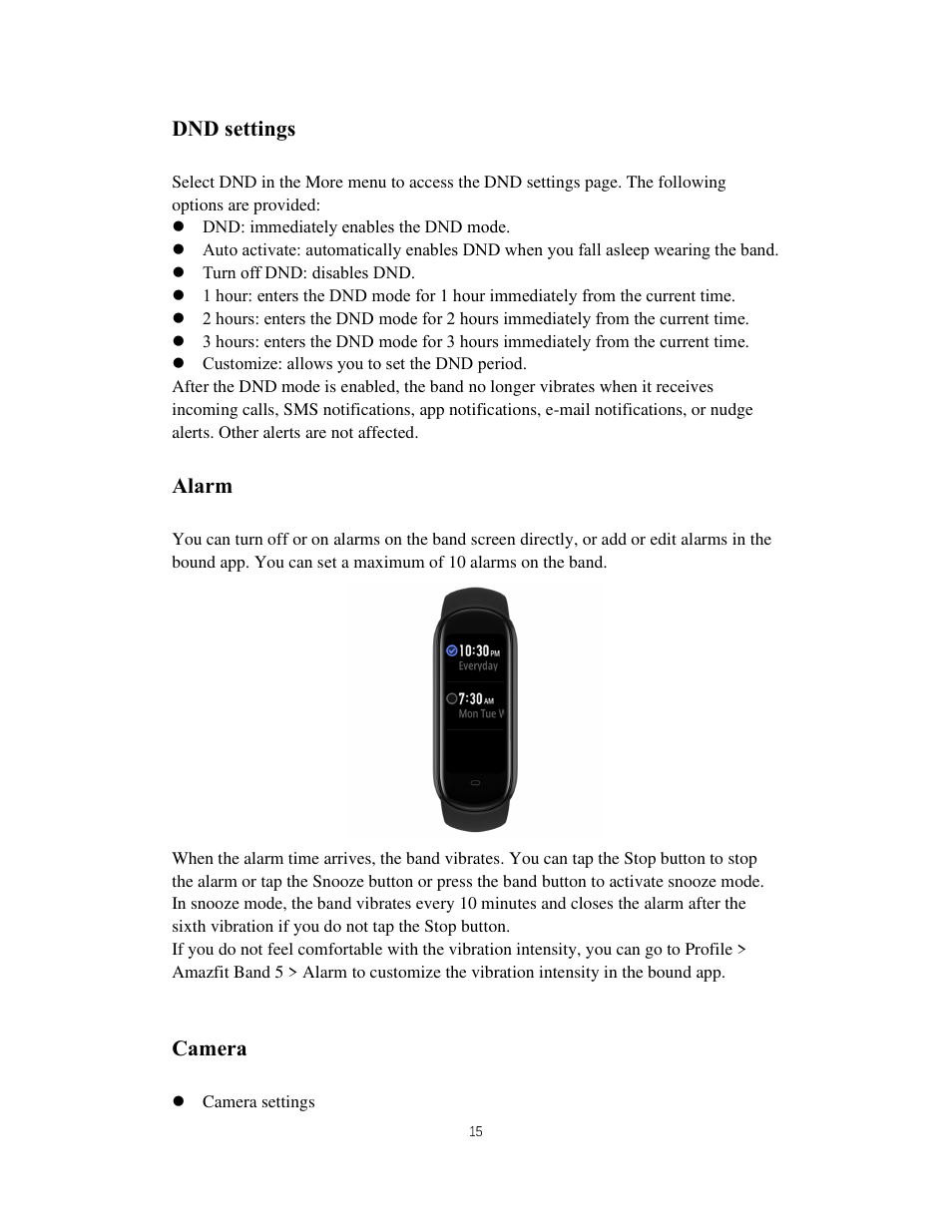 Dnd settings, Alarm, Camera | Amazfit Band 5 Health & Fitness Tracker with Alexa (Olive) User Manual | Page 15 / 25