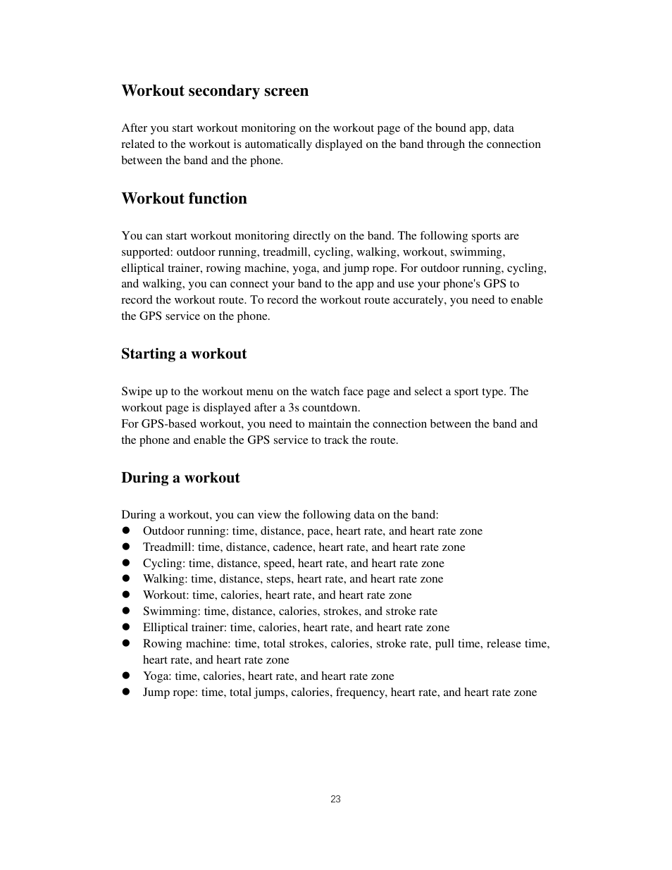 Workout secondary screen, Workout function, Starting a workout | During a workout | Amazfit Band 5 Health & Fitness Tracker with Alexa (Olive) User Manual | Page 23 / 25