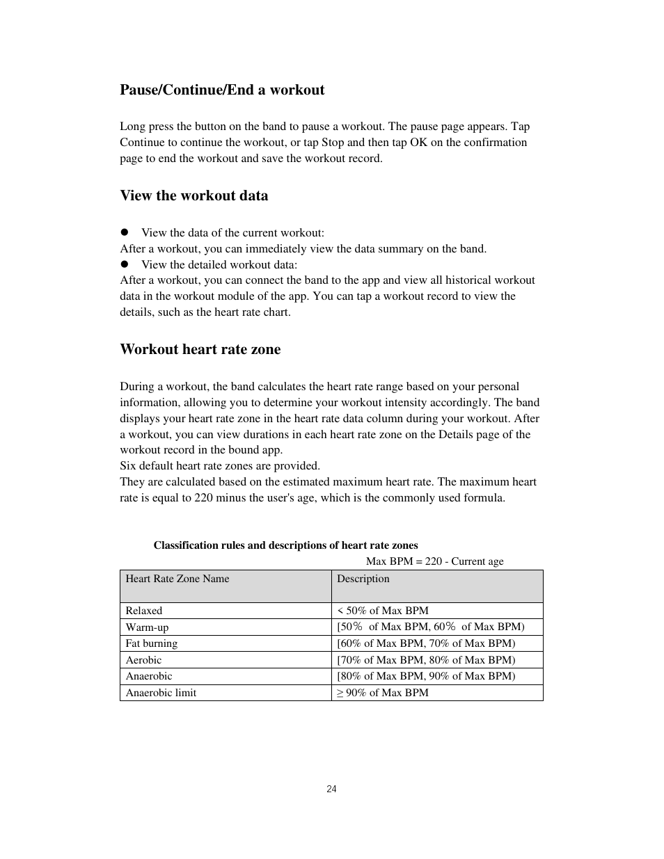 Pause/continue/end a workout, View the workout data, Workout heart rate zone | Amazfit Band 5 Health & Fitness Tracker with Alexa (Olive) User Manual | Page 24 / 25