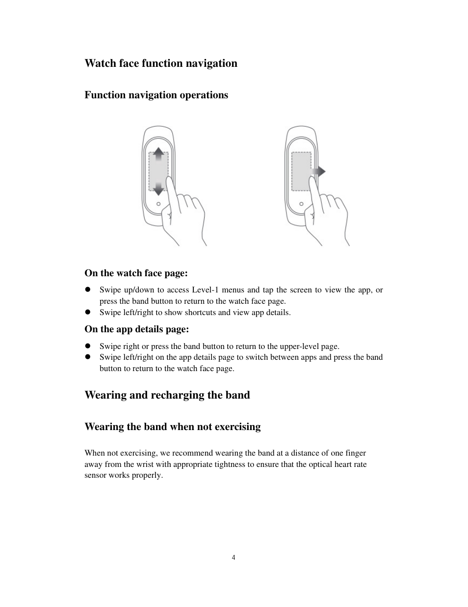 Watch face function navigation, Wearing and recharging the band | Amazfit Band 5 Health & Fitness Tracker with Alexa (Olive) User Manual | Page 4 / 25