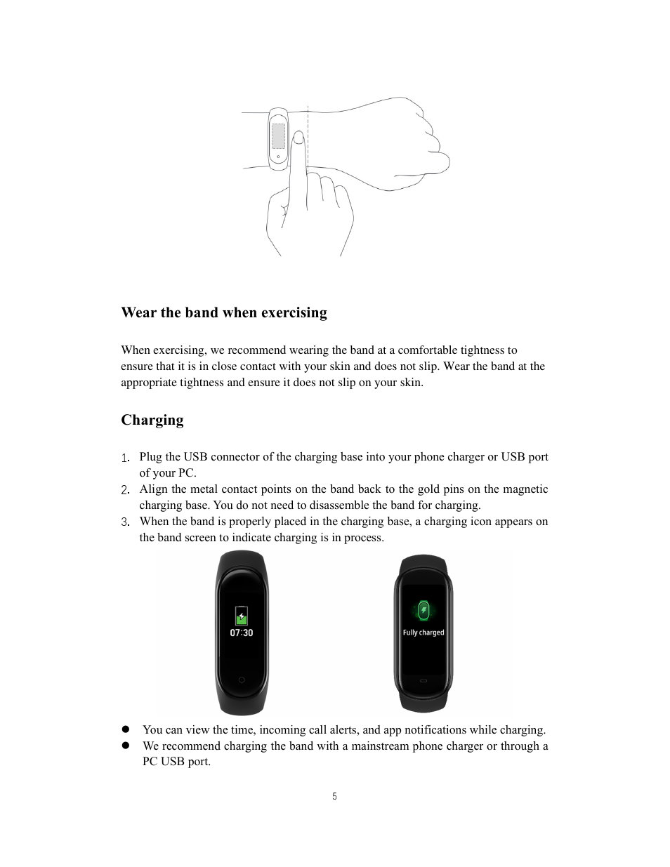 Wear the band when exercising, Charging | Amazfit Band 5 Health & Fitness Tracker with Alexa (Olive) User Manual | Page 5 / 25