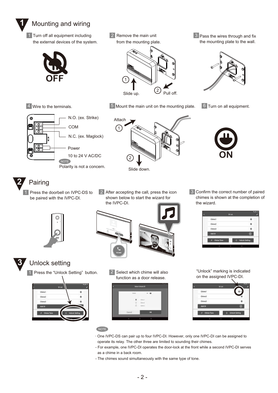 Off on, Mounting and wiring, Pairing | Unlock setting | Optex IVPC-DI iVision+ Connect Door Interface User Manual | Page 2 / 4