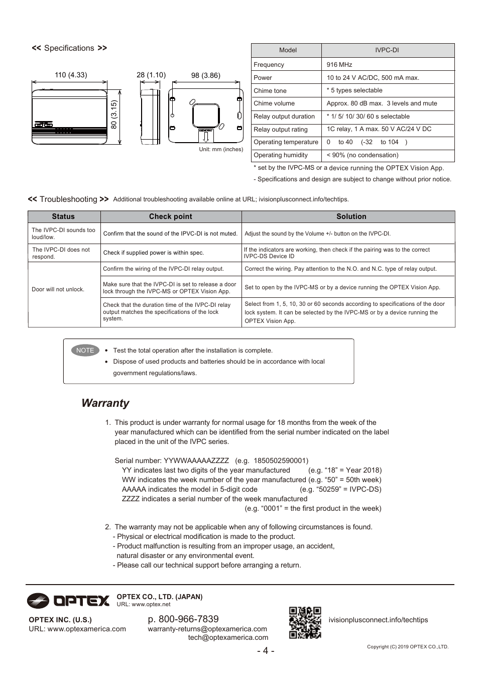 Warranty | Optex IVPC-DI iVision+ Connect Door Interface User Manual | Page 4 / 4
