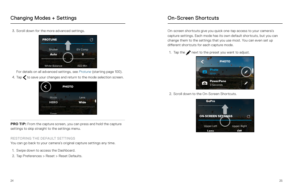 On-screen shortcuts, Changing modes + settings | GoPro MAX 360 Action Camera User Manual | Page 13 / 56