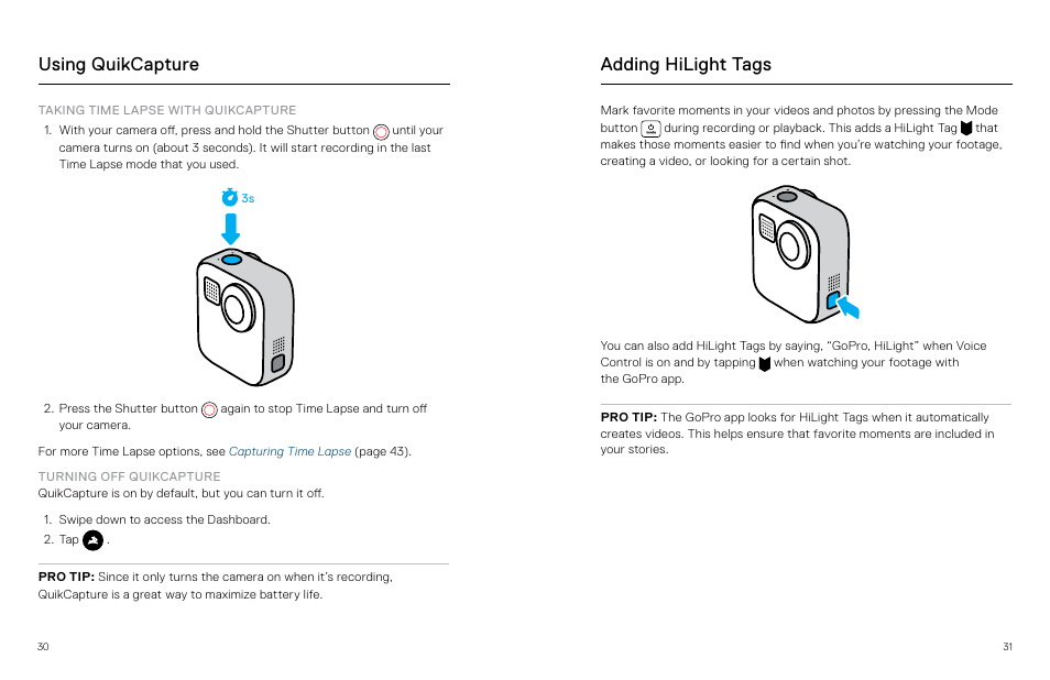 Adding hilight tags, Using quikcapture | GoPro MAX 360 Action Camera User Manual | Page 16 / 56