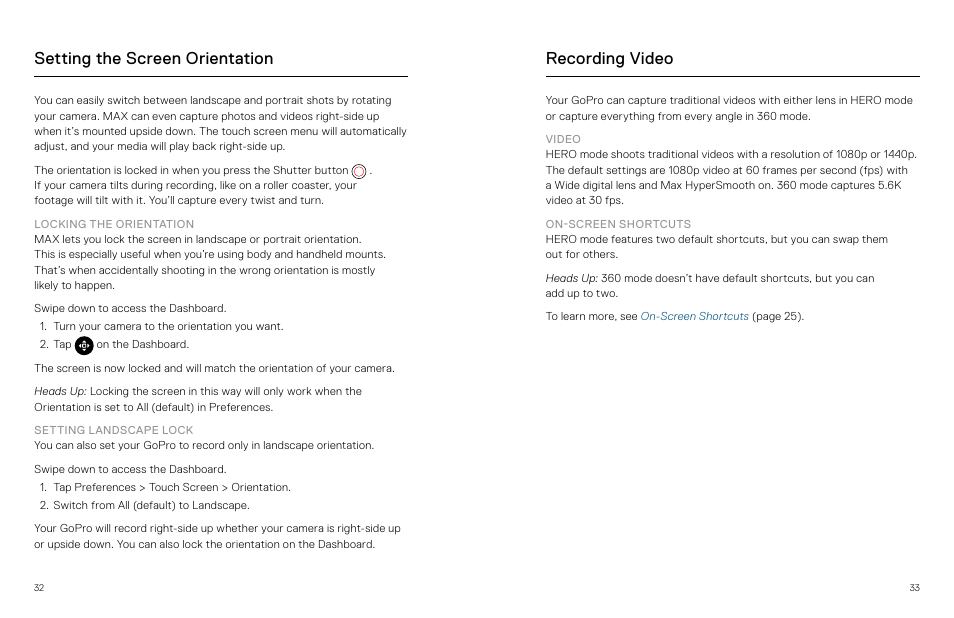 Setting the screen orientation, Recording video | GoPro MAX 360 Action Camera User Manual | Page 17 / 56
