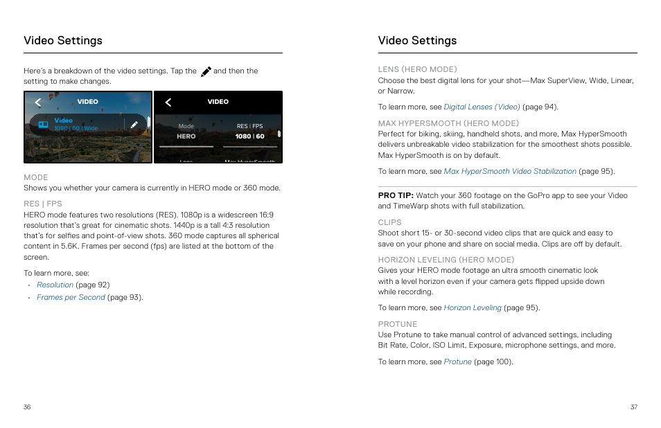 Video settings | GoPro MAX 360 Action Camera User Manual | Page 19 / 56