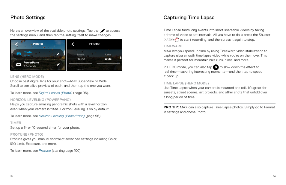 Photo settings, Capturing time lapse, Capturing | Time lapse, Photo settings capturing time lapse | GoPro MAX 360 Action Camera User Manual | Page 22 / 56