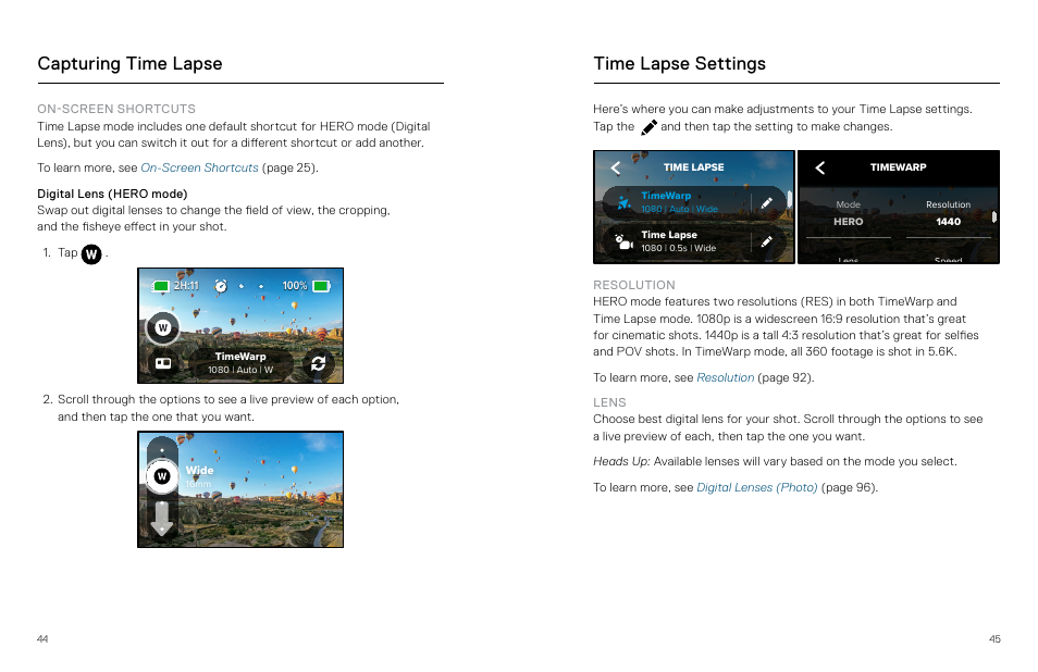 Time lapse settings, Capturing time lapse | GoPro MAX 360 Action Camera User Manual | Page 23 / 56