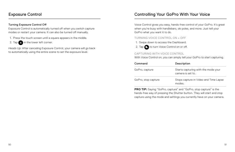 Controlling your gopro with your voice, Exposure control | GoPro MAX 360 Action Camera User Manual | Page 26 / 56
