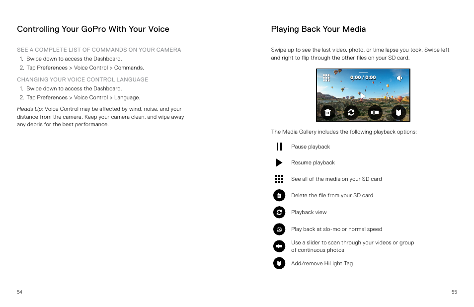 Playing back your media, Controlling your gopro with your voice | GoPro MAX 360 Action Camera User Manual | Page 28 / 56