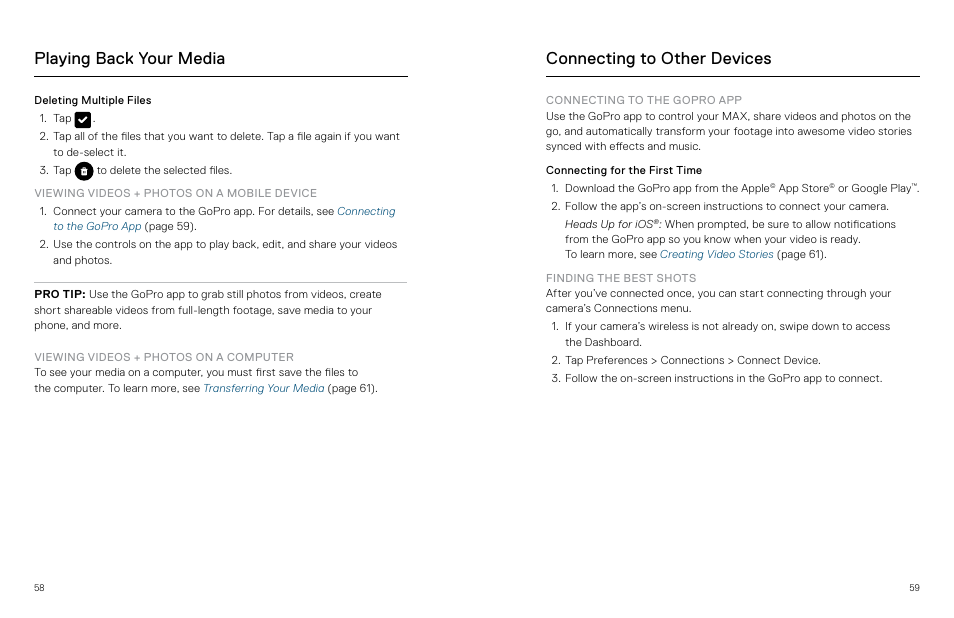 Connecting to other devices, Connecting to the gopro, Playing back your media | GoPro MAX 360 Action Camera User Manual | Page 30 / 56