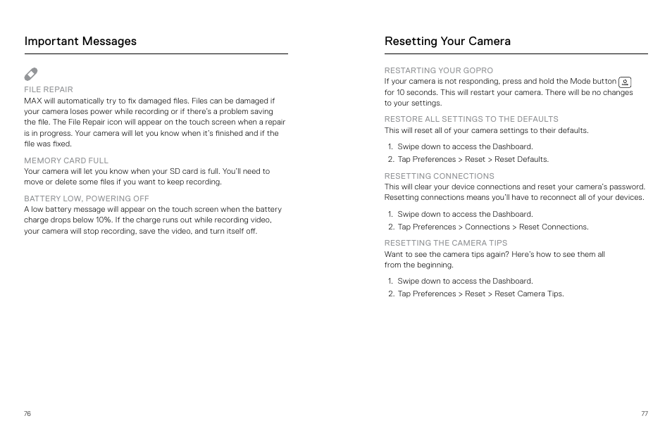 Resetting your camera, Important messages | GoPro MAX 360 Action Camera User Manual | Page 39 / 56