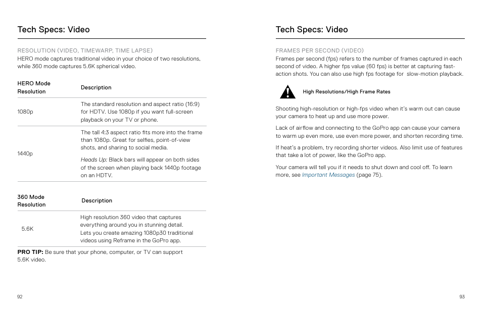 Tech specs: video, Iso min, White balance | Tech specs, Resolution, Frames per second | GoPro MAX 360 Action Camera User Manual | Page 47 / 56