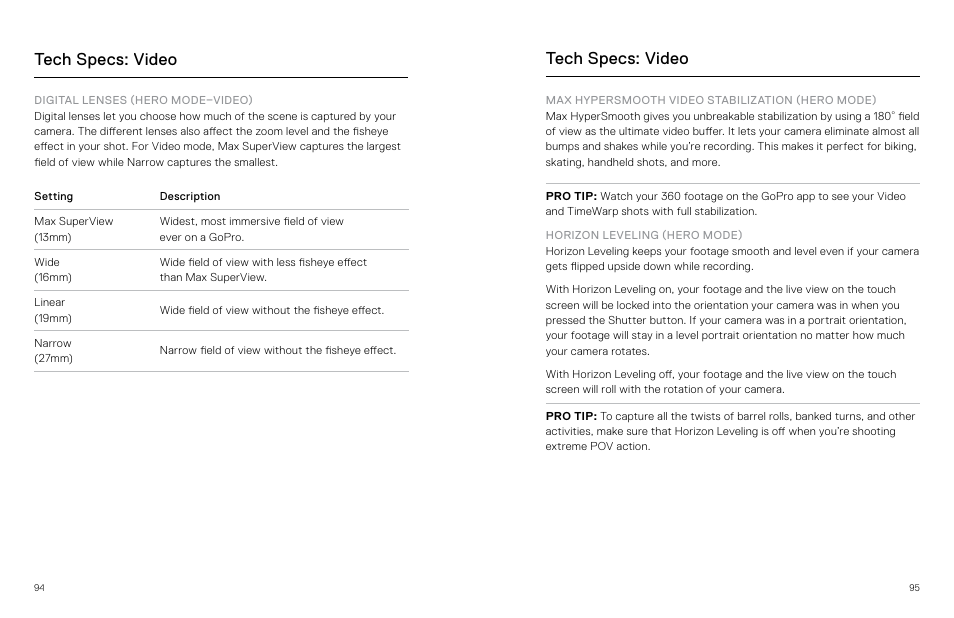 Digital lenses (video), Max hypersmooth video stabilization, Horizon leveling | Tech specs: video | GoPro MAX 360 Action Camera User Manual | Page 48 / 56