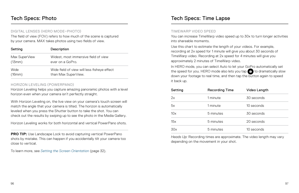 Tech specs: photo, Tech specs: time lapse, Digital lenses (photo) | Horizon leveling (powerpano), High, Timewarp video speed | GoPro MAX 360 Action Camera User Manual | Page 49 / 56