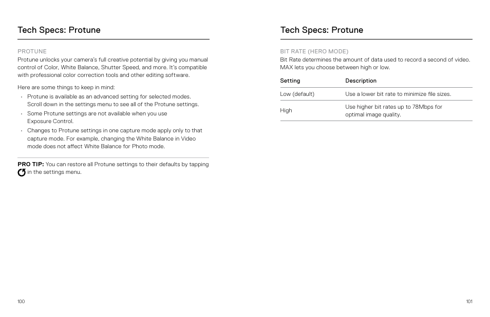 Tech specs: protune, Protune, Gopro | GoPro MAX 360 Action Camera User Manual | Page 51 / 56