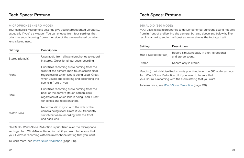 Microphones, 360 audio, Tech specs: protune | GoPro MAX 360 Action Camera User Manual | Page 55 / 56