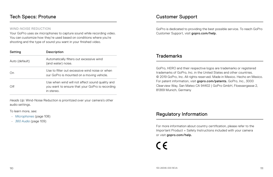 Customer support, Trademarks, Regulatory information | Wind-noise reduction, Tech specs: protune, Customer support trademarks | GoPro MAX 360 Action Camera User Manual | Page 56 / 56