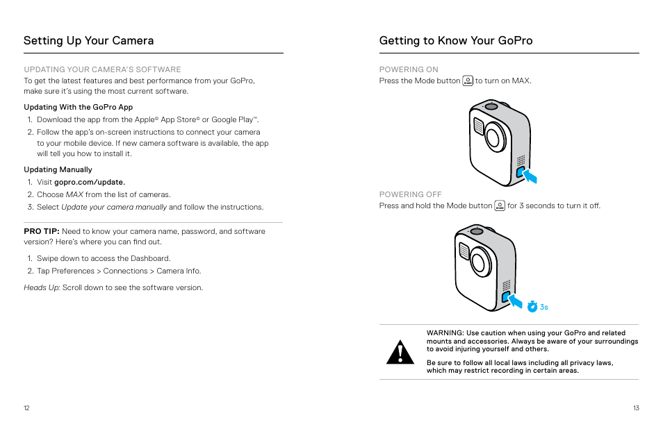 Getting to know your gopro, Setting up your camera | GoPro MAX 360 Action Camera User Manual | Page 7 / 56