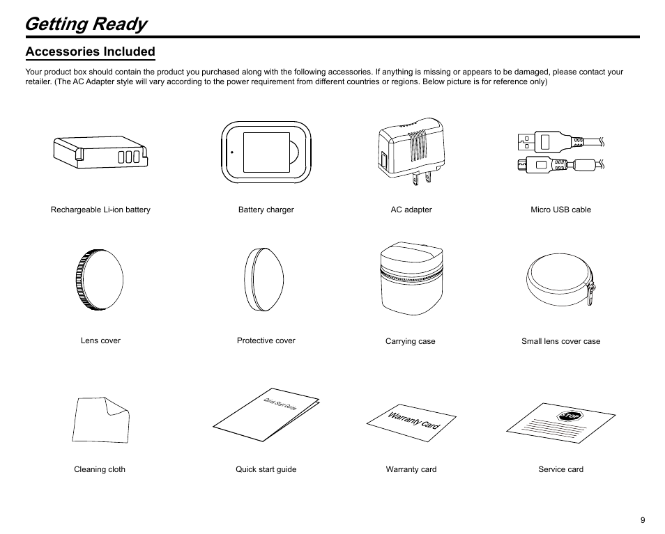 Getting ready, Accessories included | Kodak PIXPRO SP360 4K Action Camera Dual Pro Pack User Manual | Page 10 / 71