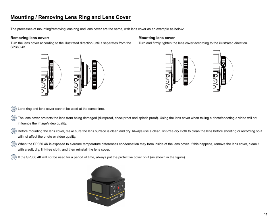 Mounting / removing lens ring and lens cover | Kodak PIXPRO SP360 4K Action Camera Dual Pro Pack User Manual | Page 12 / 71