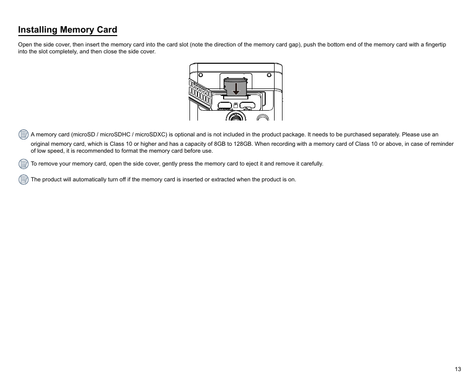 Installing memory card | Kodak PIXPRO SP360 4K Action Camera Dual Pro Pack User Manual | Page 14 / 71