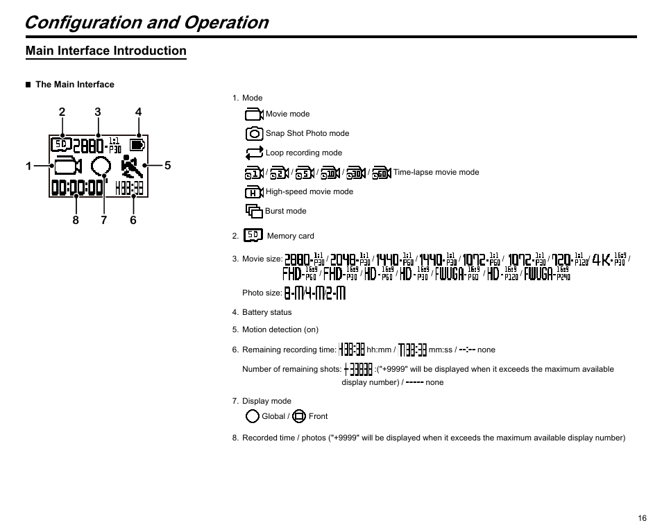 Configuration and operation, Main interface introduction | Kodak PIXPRO SP360 4K Action Camera Dual Pro Pack User Manual | Page 17 / 71