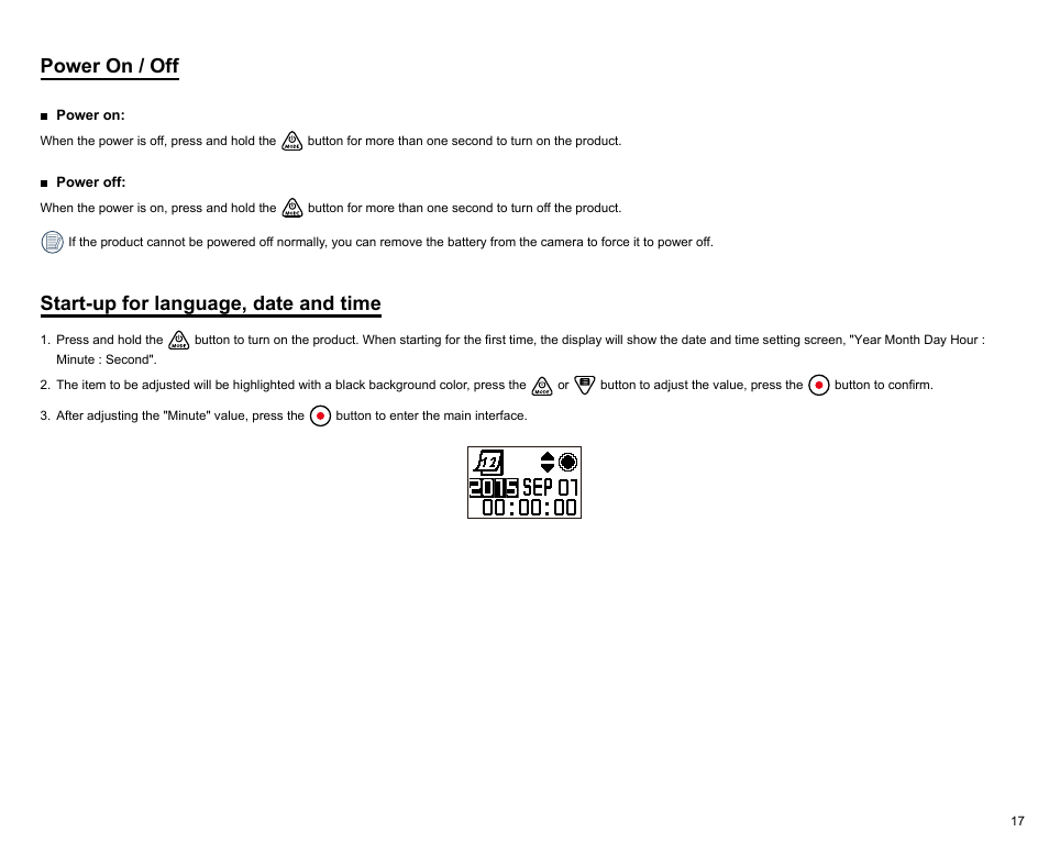 Power on / off, Start-up for language, date and time | Kodak PIXPRO SP360 4K Action Camera Dual Pro Pack User Manual | Page 18 / 71
