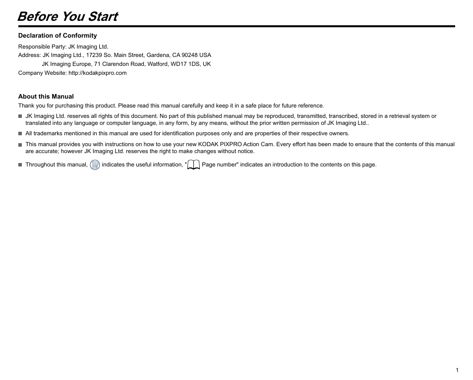 Before you start | Kodak PIXPRO SP360 4K Action Camera Dual Pro Pack User Manual | Page 2 / 71