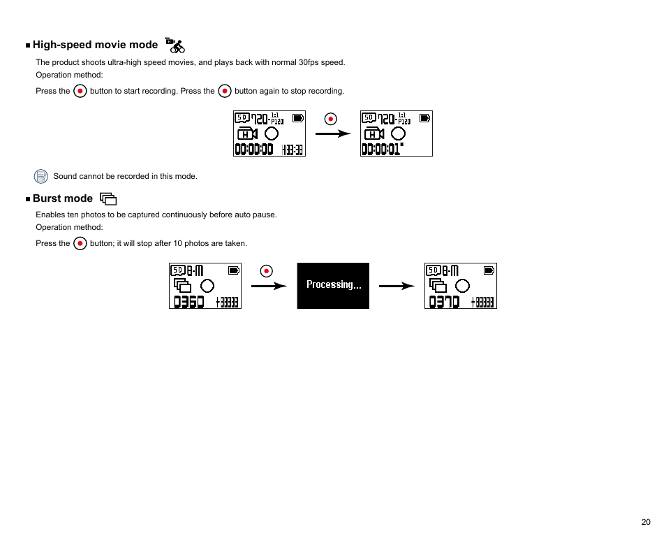 High-speed movie mode, Burst mode | Kodak PIXPRO SP360 4K Action Camera Dual Pro Pack User Manual | Page 21 / 71