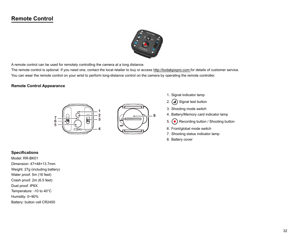 Remote control | Kodak PIXPRO SP360 4K Action Camera Dual Pro Pack User Manual | Page 33 / 71