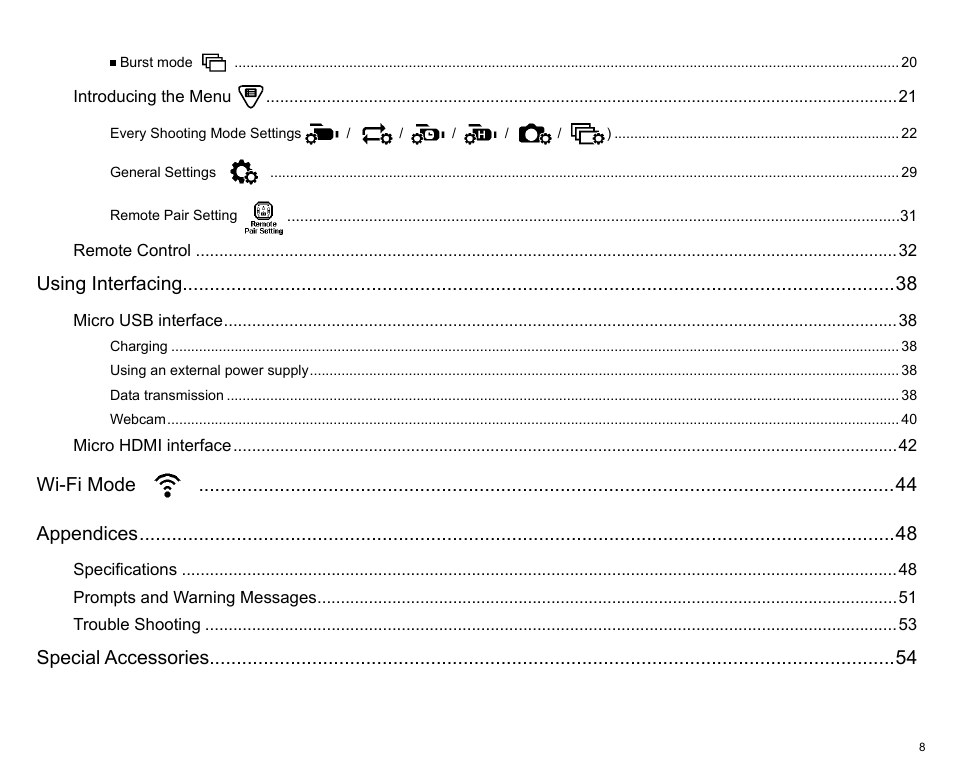 Using interfacing, Wi-fi mode appendices, Special accessories | Kodak PIXPRO SP360 4K Action Camera Dual Pro Pack User Manual | Page 9 / 71