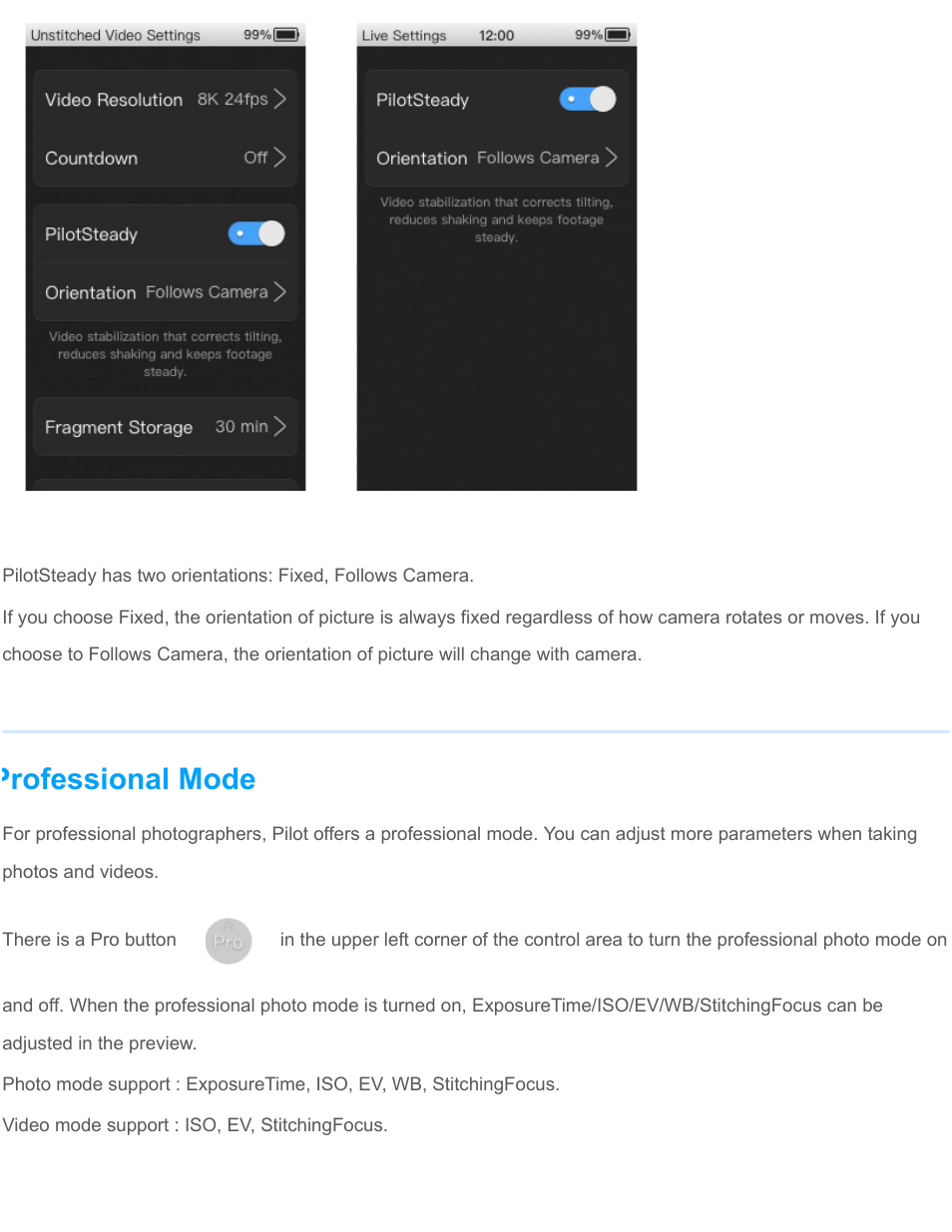 Professional mode | Labpano Pilot Era 8K 360 Camera User Manual | Page 17 / 47