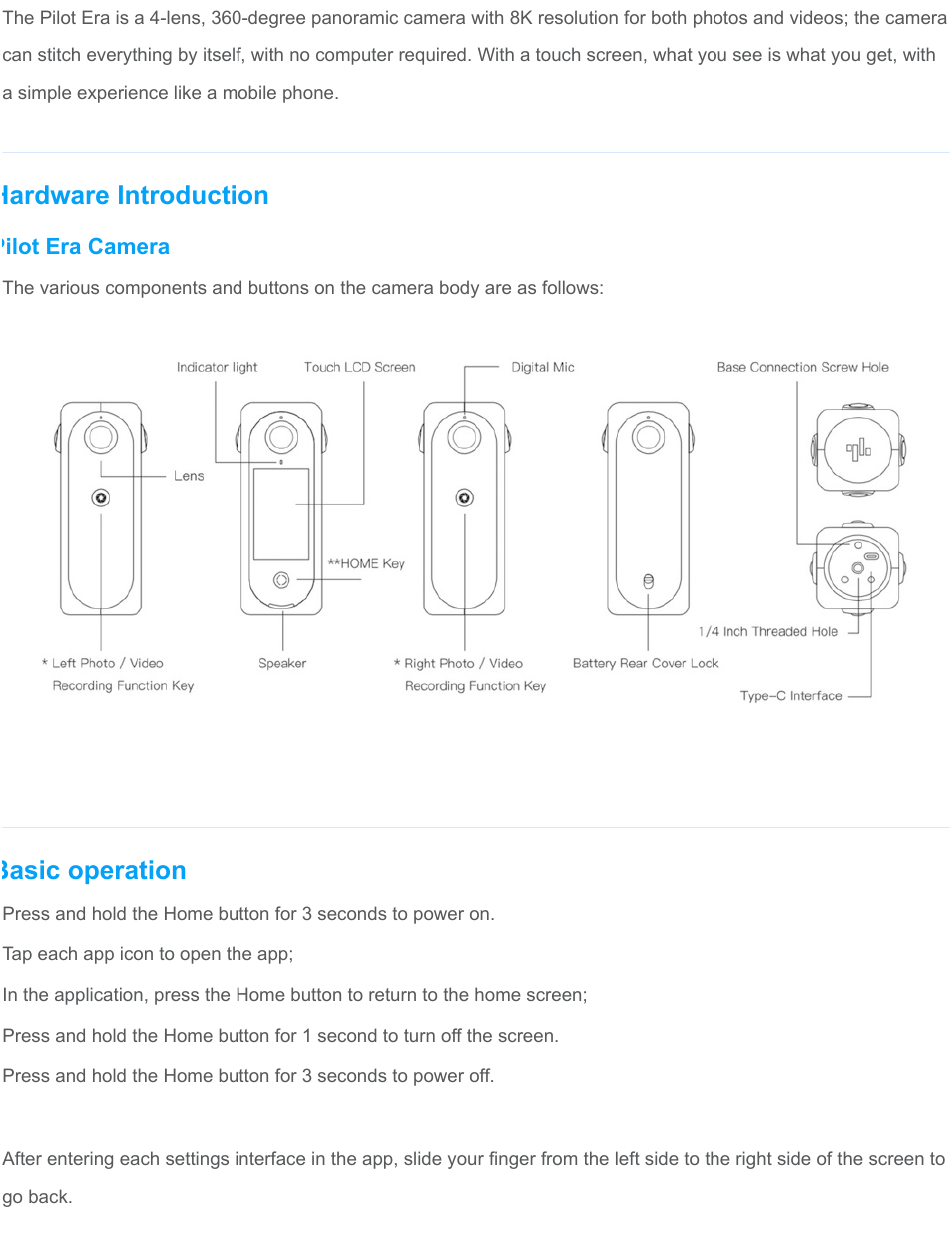 Hardware introduction, Basic operation | Labpano Pilot Era 8K 360 Camera User Manual | Page 2 / 47