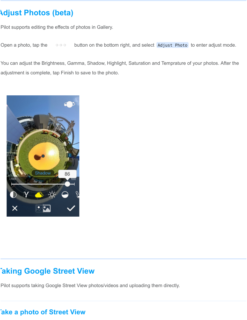 Adjust photos (beta), Taking google street view, Take a photo of street view | Labpano Pilot Era 8K 360 Camera User Manual | Page 24 / 47