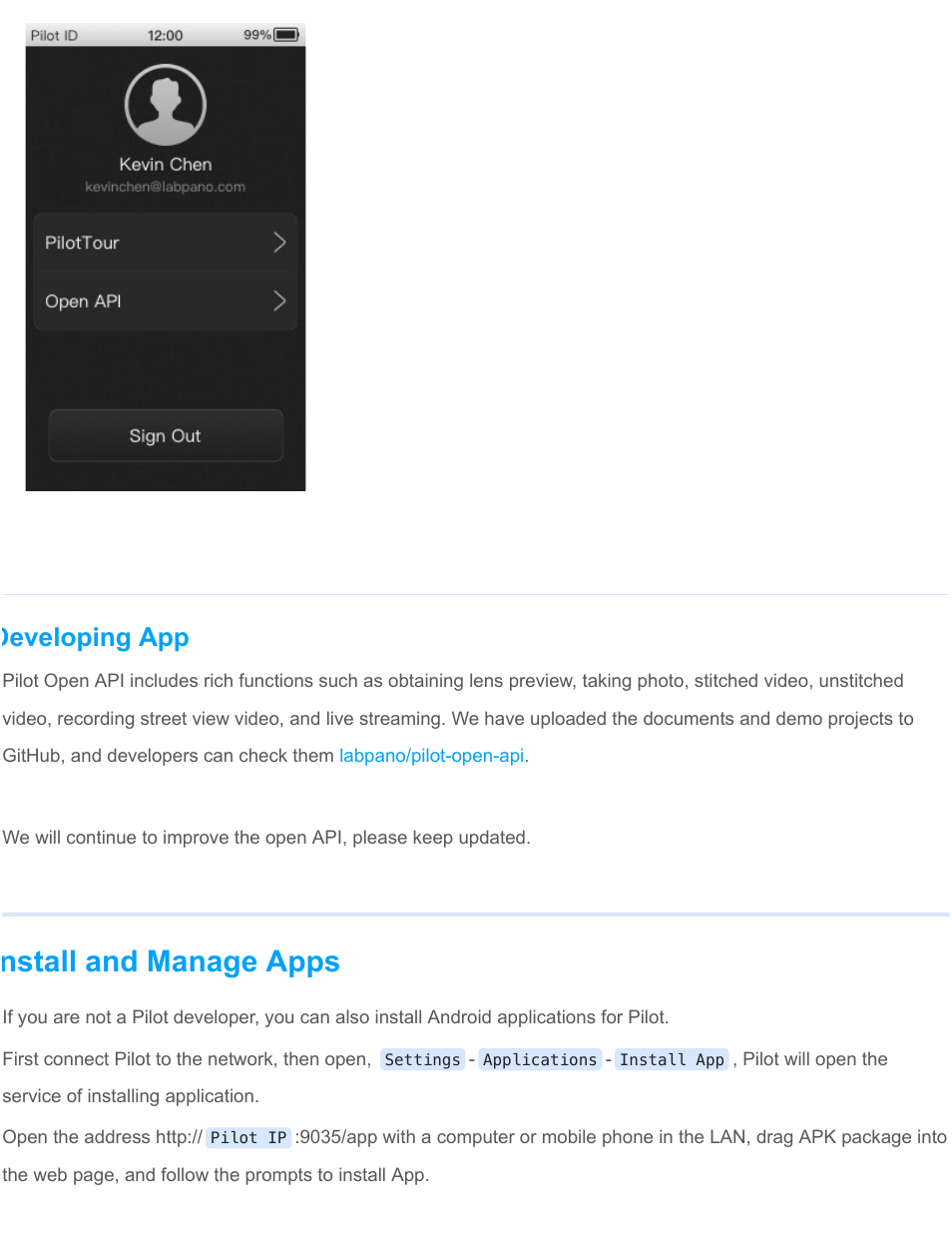 Nstall and manage apps, Developing app | Labpano Pilot Era 8K 360 Camera User Manual | Page 41 / 47