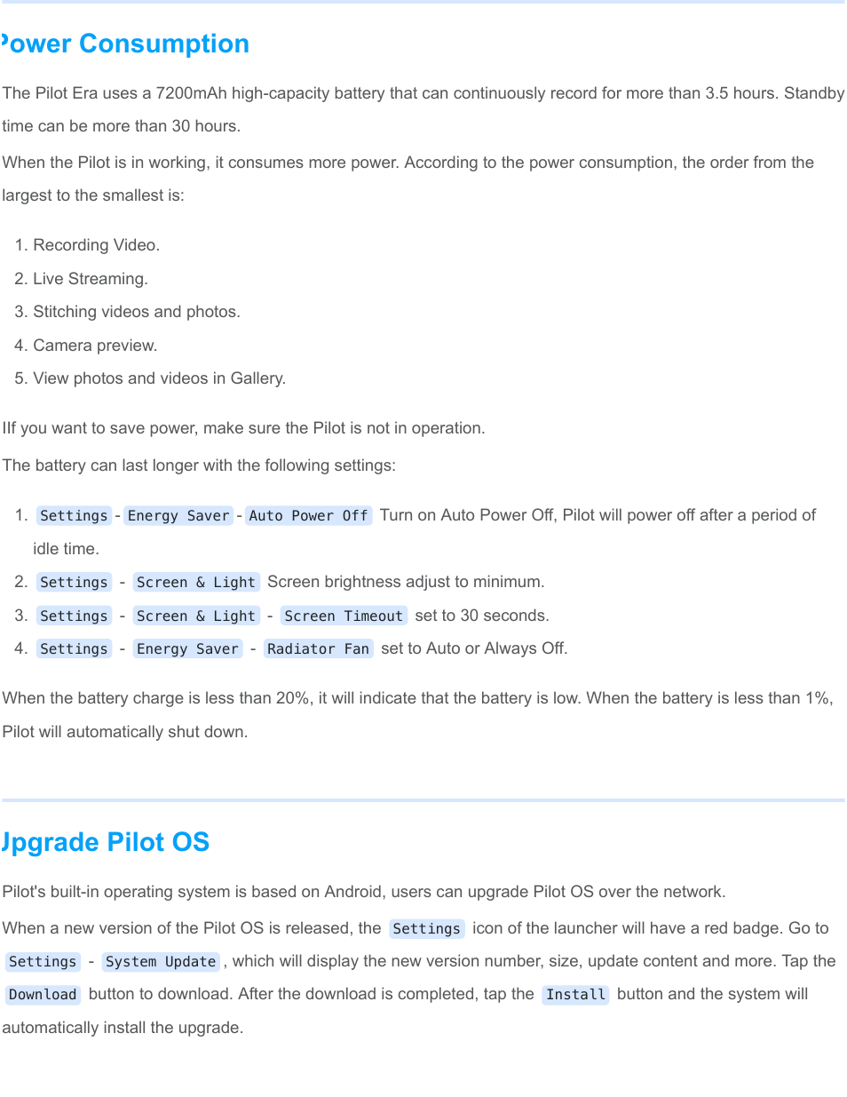 Power consumption, Upgrade pilot os | Labpano Pilot Era 8K 360 Camera User Manual | Page 44 / 47