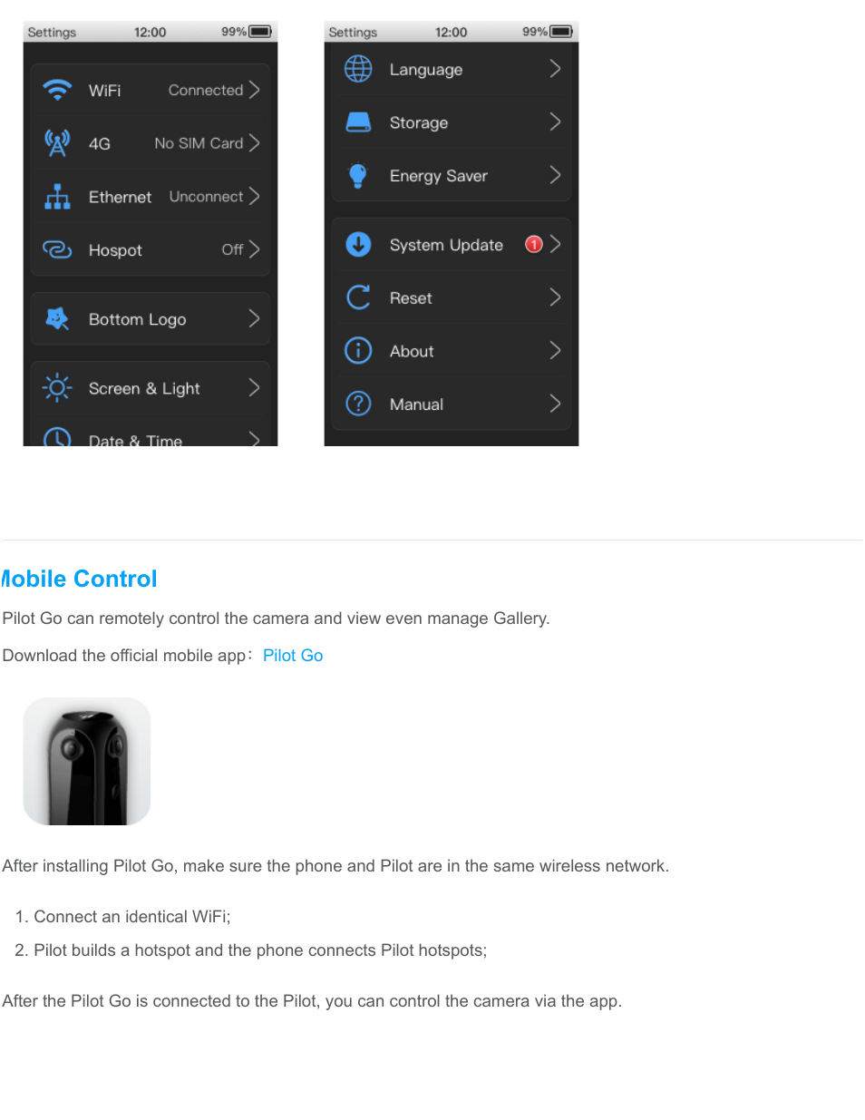 Mobile control | Labpano Pilot Era 8K 360 Camera User Manual | Page 8 / 47