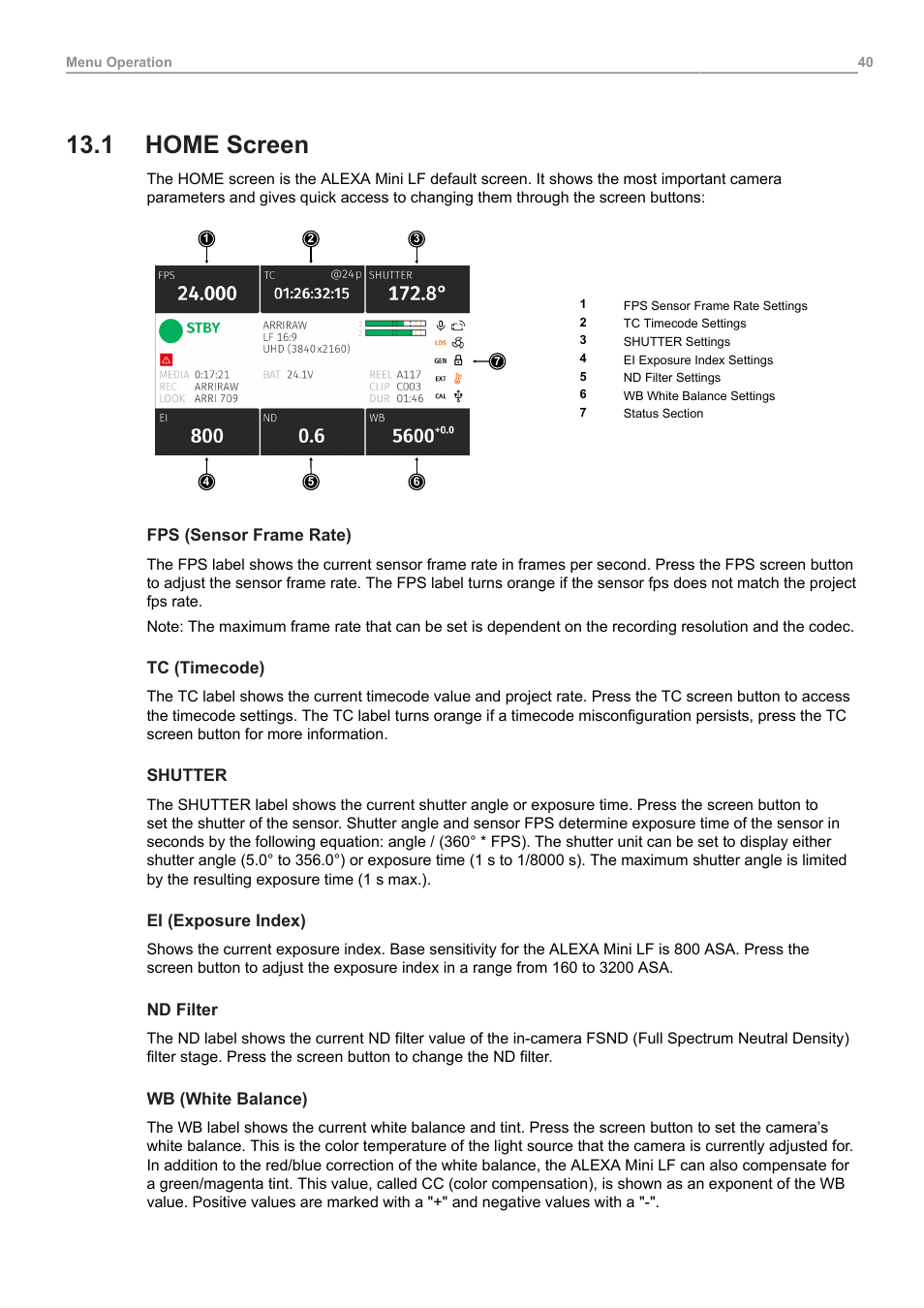1 home screen, Home screen | ARRI ALEXA Mini LF Ready to Shoot V-Mount Set (LPL) User Manual | Page 40 / 136