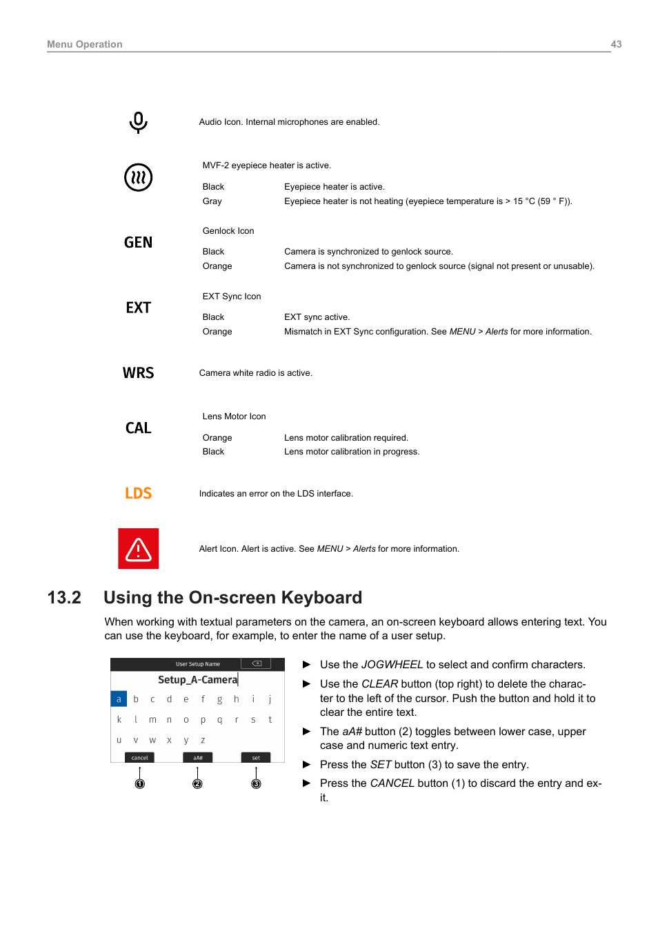 2 using the on-screen keyboard, Using the on-screen keyboard | ARRI ALEXA Mini LF Ready to Shoot V-Mount Set (LPL) User Manual | Page 43 / 136