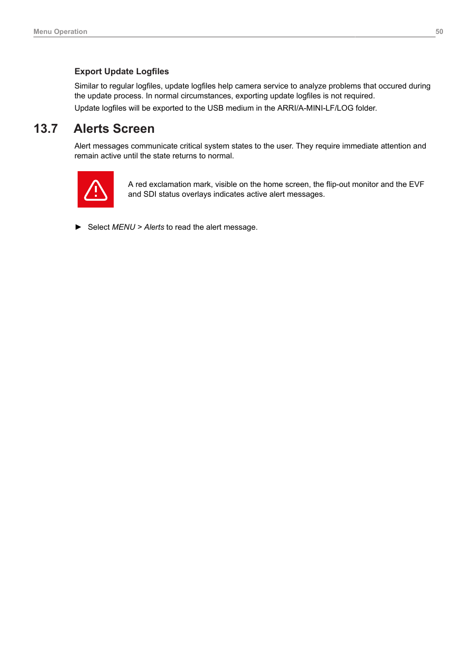 7 alerts screen, Alerts screen | ARRI ALEXA Mini LF Ready to Shoot V-Mount Set (LPL) User Manual | Page 50 / 136