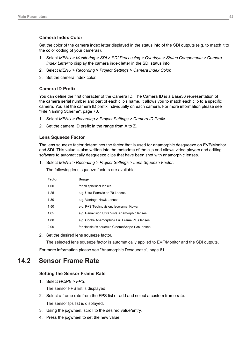 2 sensor frame rate, Sensor frame rate | ARRI ALEXA Mini LF Ready to Shoot V-Mount Set (LPL) User Manual | Page 52 / 136