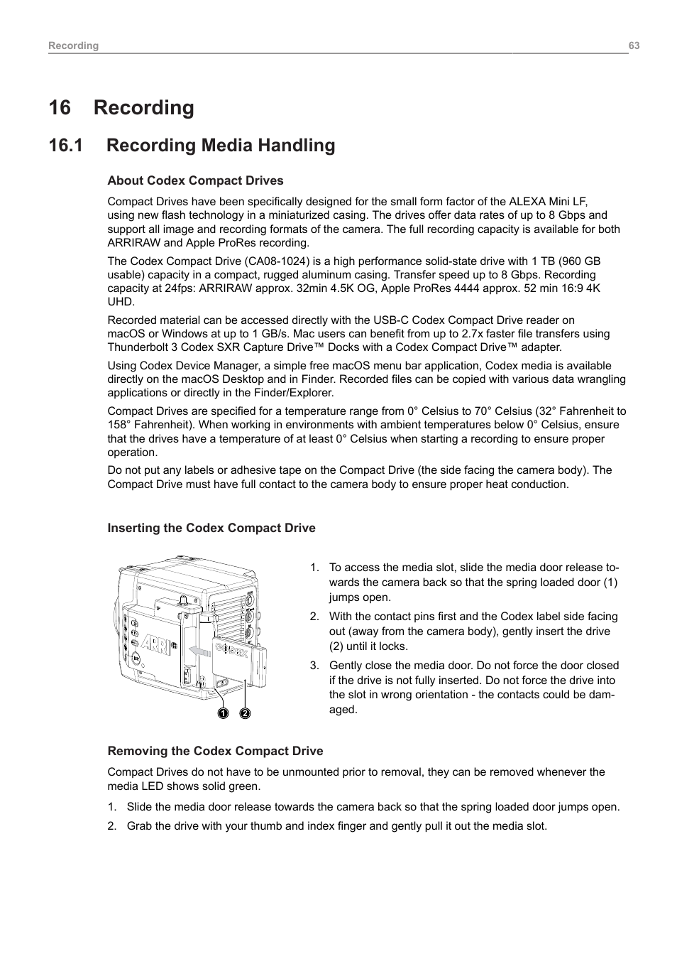 16 recording, 1 recording media handling, Recording | Recording media handling | ARRI ALEXA Mini LF Ready to Shoot V-Mount Set (LPL) User Manual | Page 63 / 136