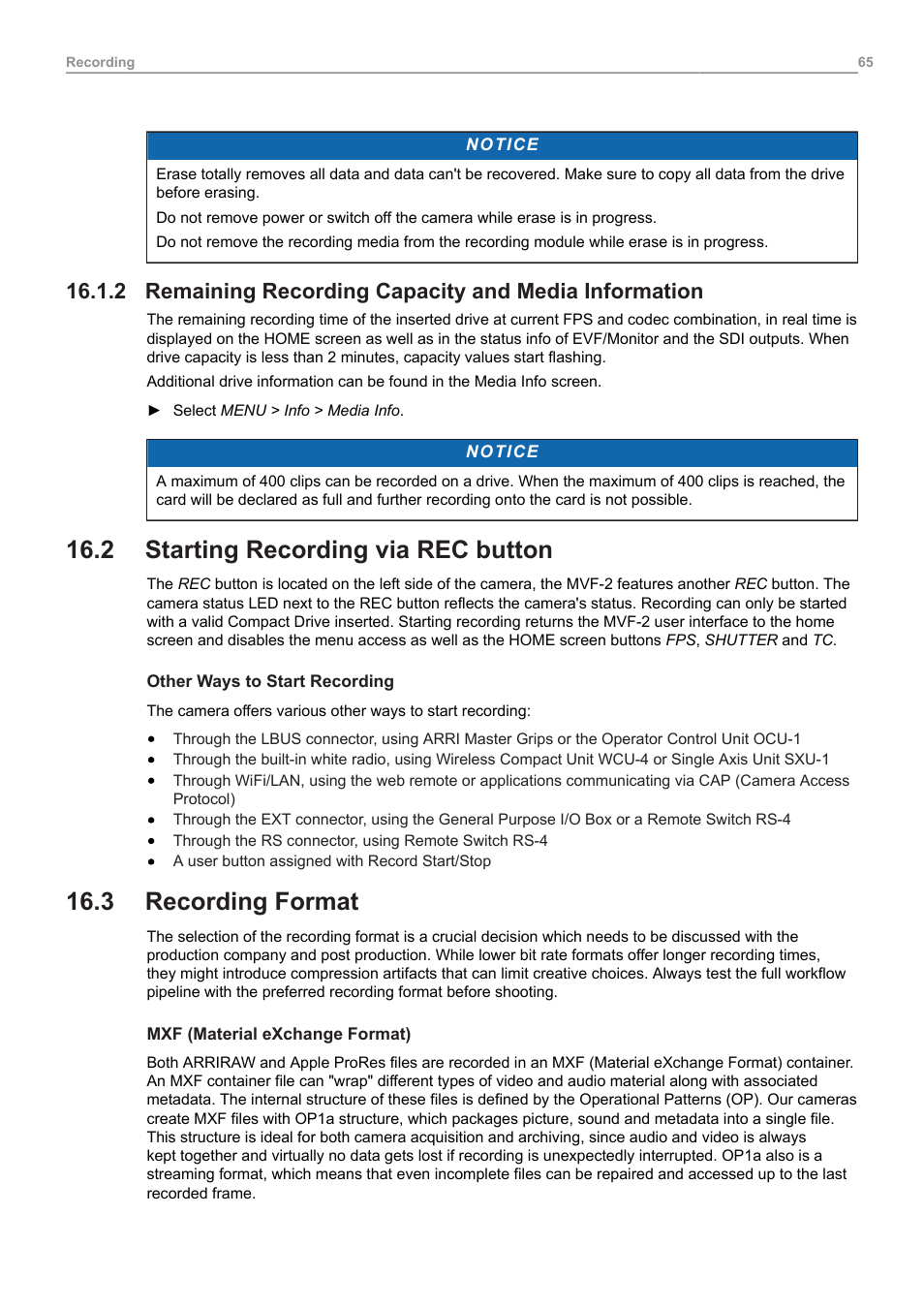 2 starting recording via rec button, 3 recording format, Remaining recording capacity and media information | Starting recording via rec button, Recording format | ARRI ALEXA Mini LF Ready to Shoot V-Mount Set (LPL) User Manual | Page 65 / 136