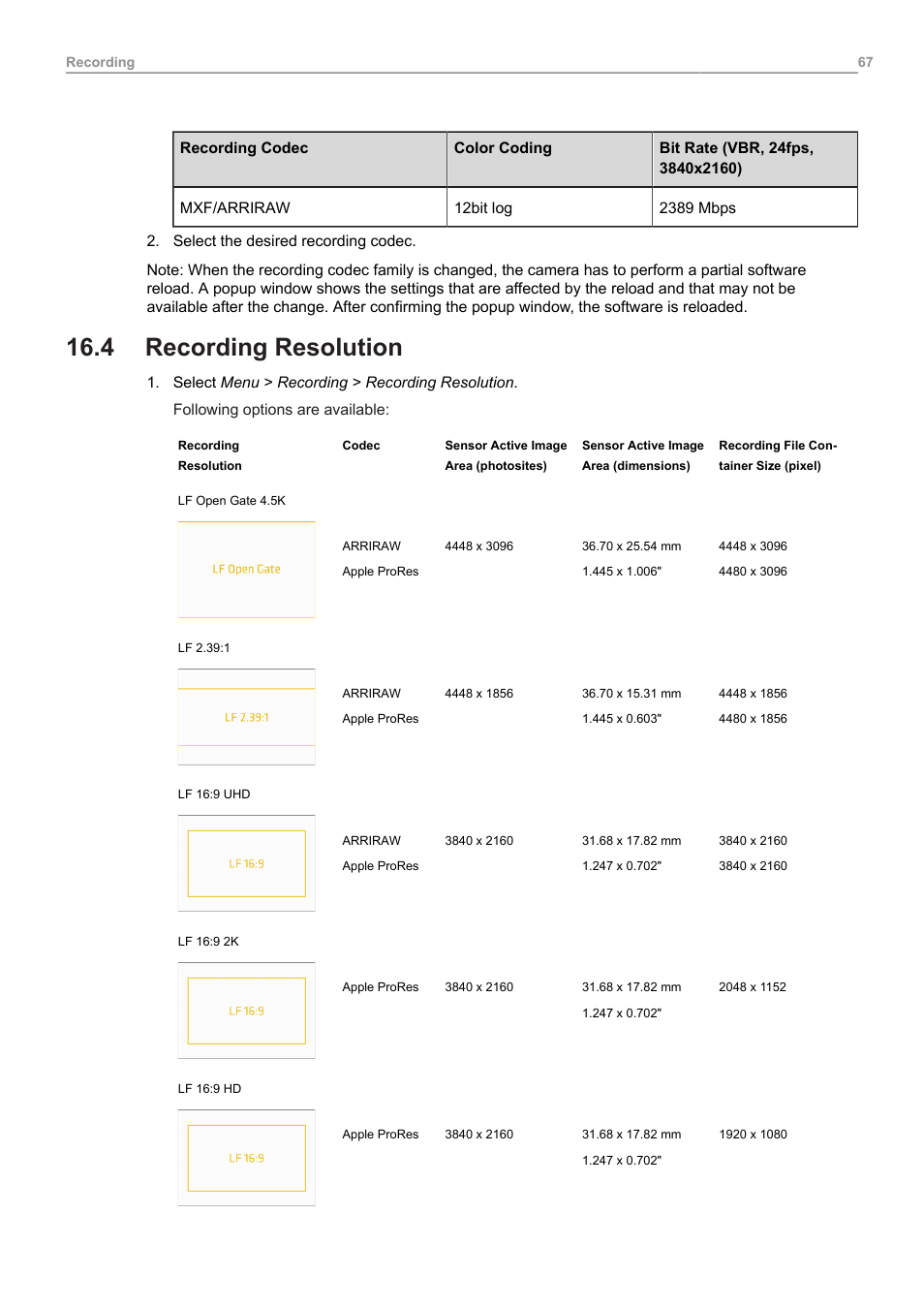 4 recording resolution, Recording resolution | ARRI ALEXA Mini LF Ready to Shoot V-Mount Set (LPL) User Manual | Page 67 / 136