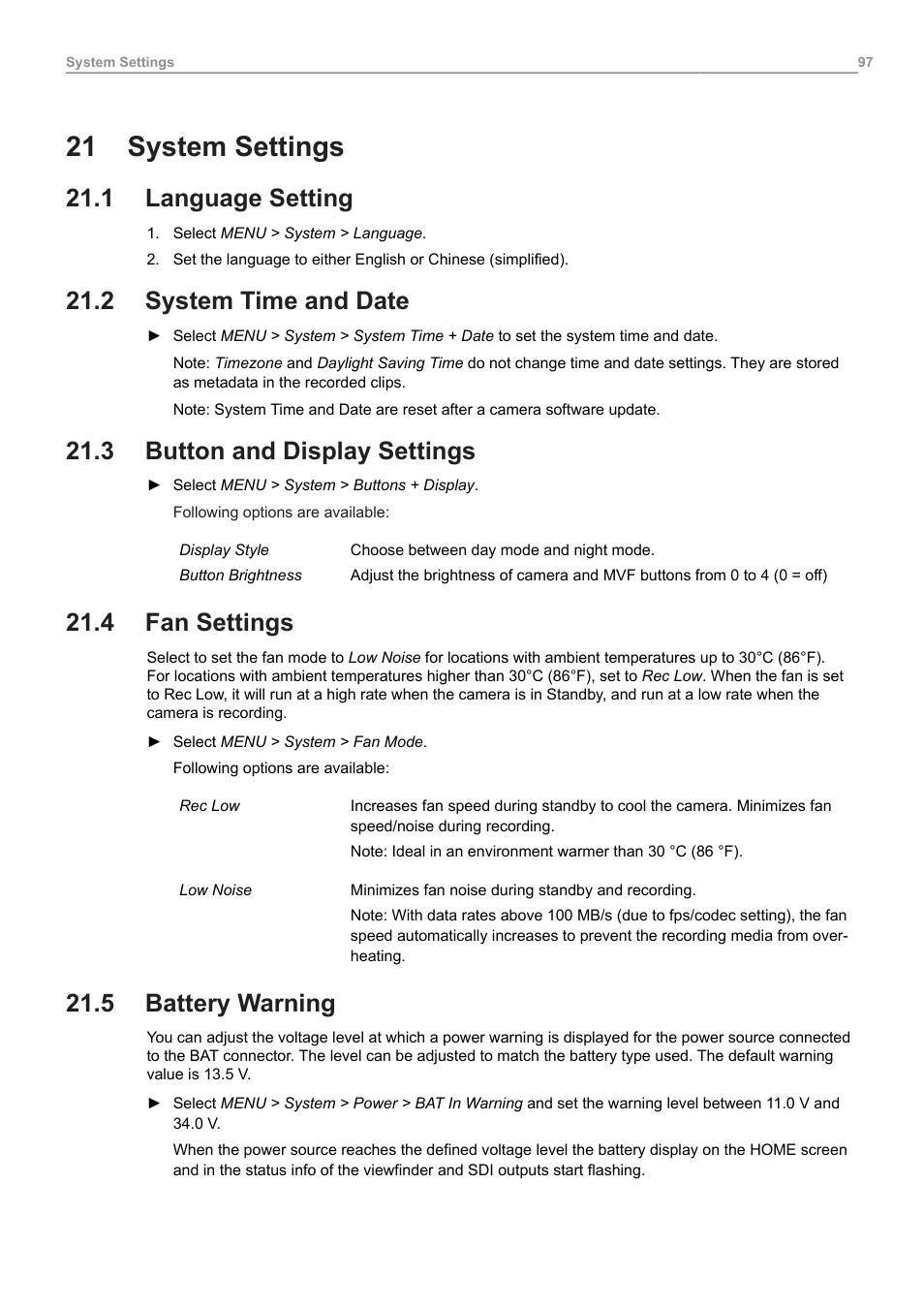 21 system settings, 1 language setting, 2 system time and date | 3 button and display settings, 4 fan settings, 5 battery warning, System settings, Language setting, System time and date, Button and display settings | ARRI ALEXA Mini LF Ready to Shoot V-Mount Set (LPL) User Manual | Page 97 / 136