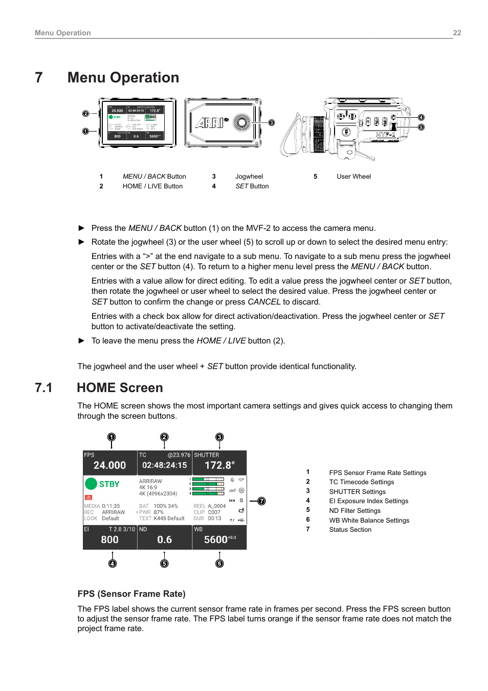 7 menu operation, 1 home screen, Menu operation | Home screen, 7menu operation | ARRI ALEXA 35 Body & PL Mount Set (LBUS) User Manual | Page 22 / 122