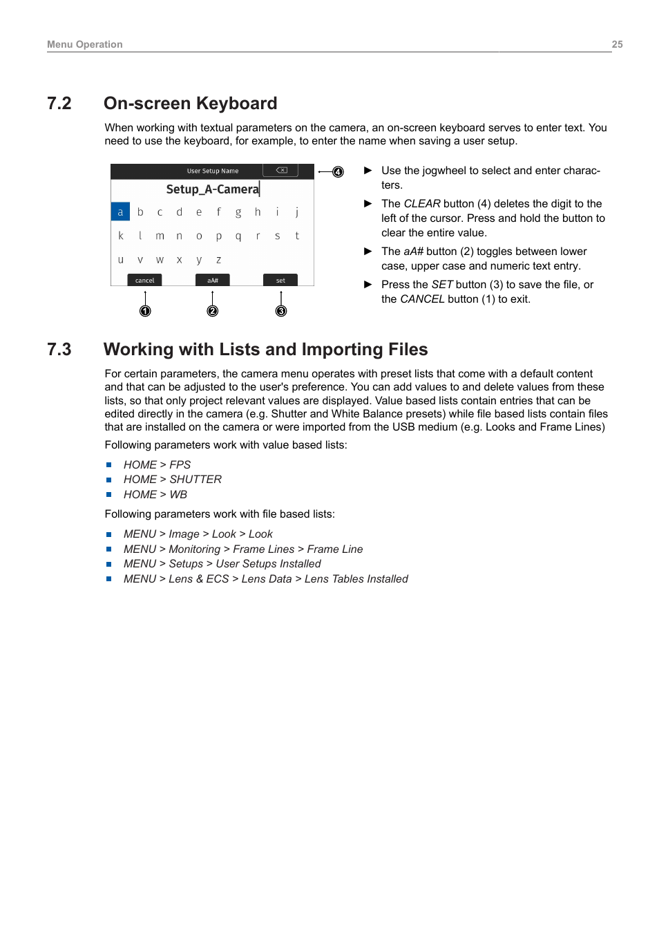 2 on-screen keyboard, 3 working with lists and importing files, On-screen keyboard | Working with lists and importing files | ARRI ALEXA 35 Body & PL Mount Set (LBUS) User Manual | Page 25 / 122